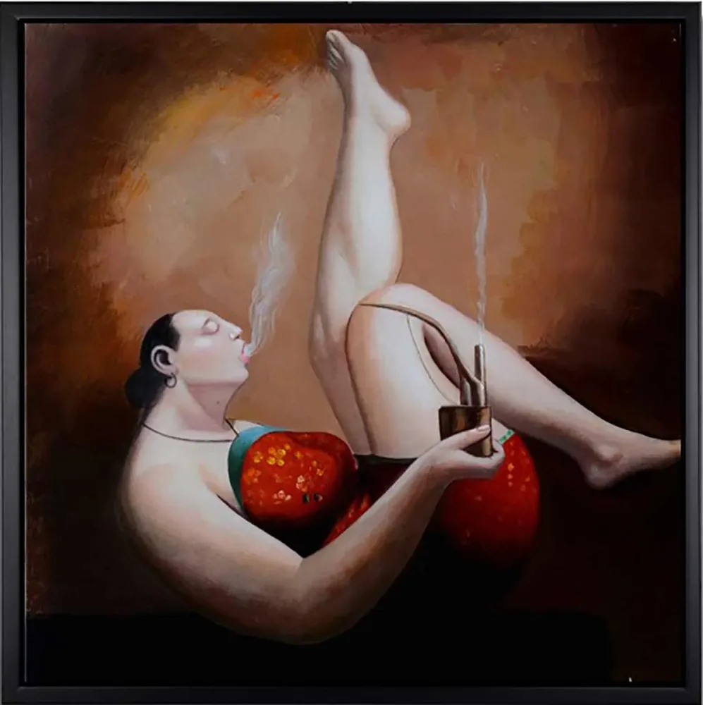 Entspannte Dame mit Pfeife – handgemaltes Ölbild auf Leinwand, 60 x 60 cm