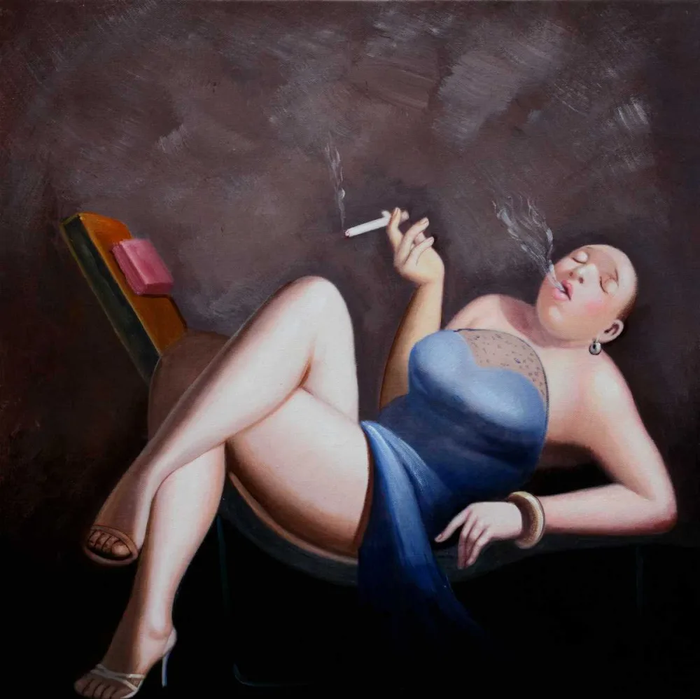 Dame mit Zigarette – handgemaltes Ölbild auf Leinwand, 60 x 60 cm