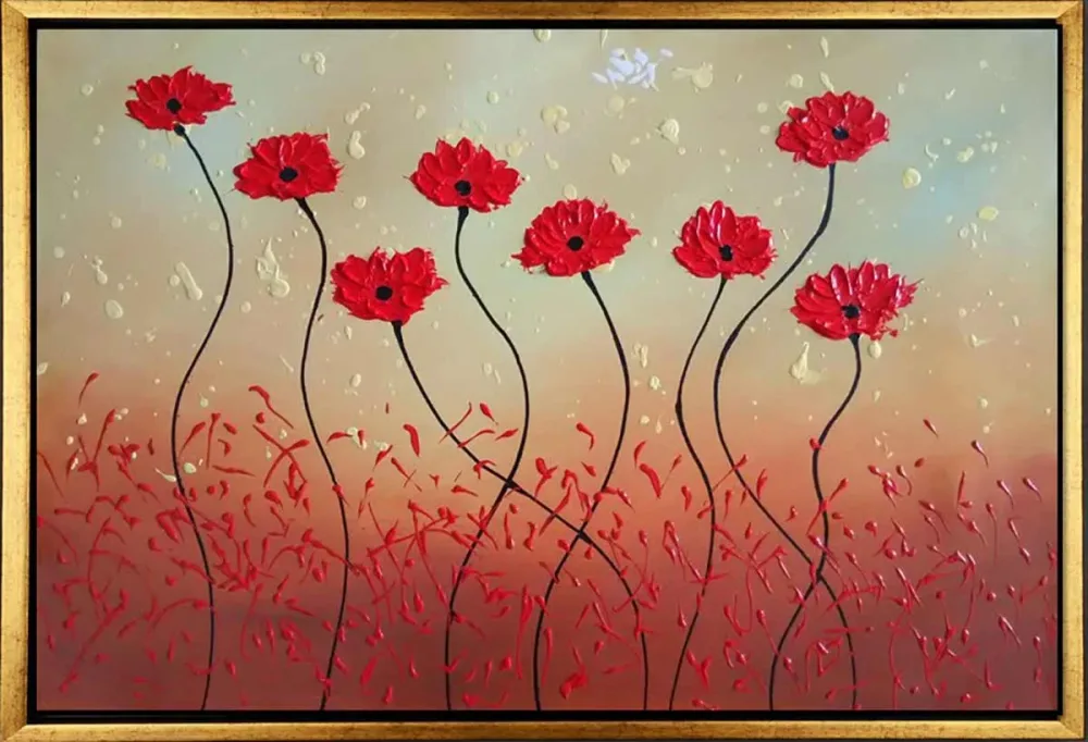 Rote Mohnblumen im Wind – handgemaltes Ölbild auf Leinwand, 75 x 50 cm
