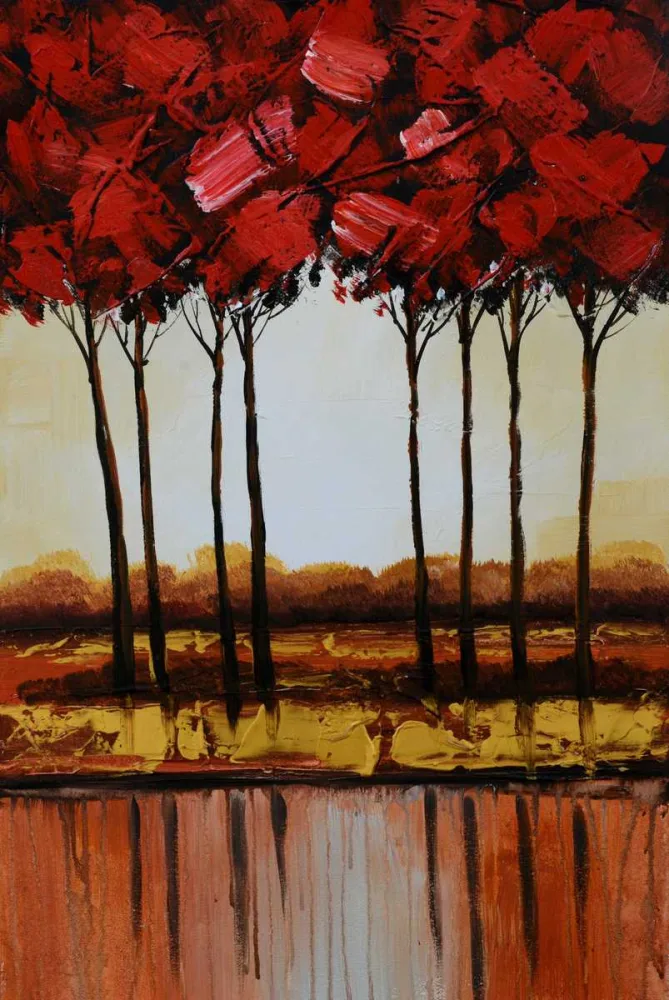 Rote Bäume am Wasser – handgemaltes Ölbild auf Leinwand, 50 x 79 cm