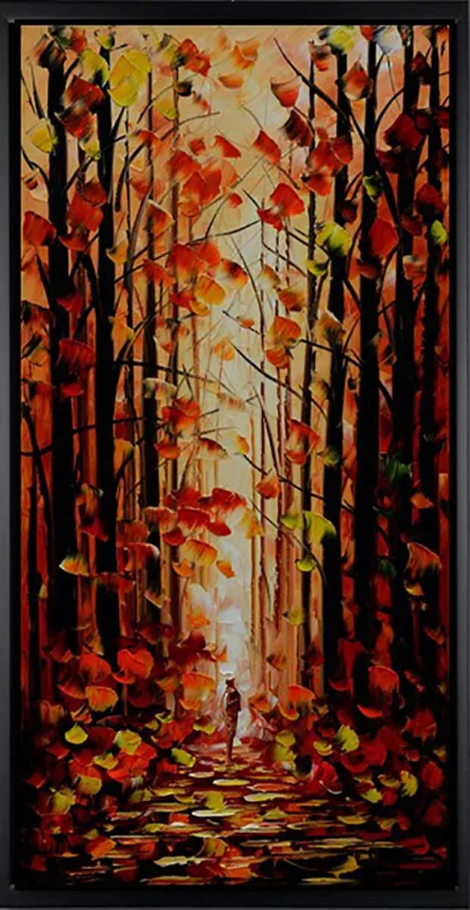 Roter Herbstwald – handgemaltes Ölbild auf Leinwand, 50 x 100 cm