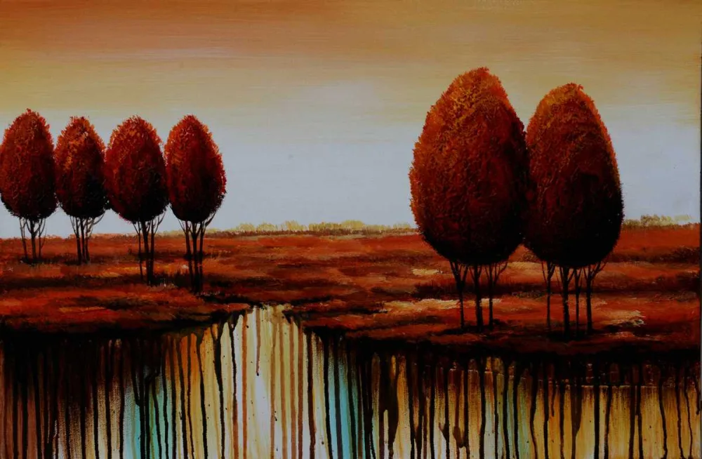 Rote Bäume in weiter Landschaft – handgemaltes Ölbild auf Leinwand, 75 x 50 cm