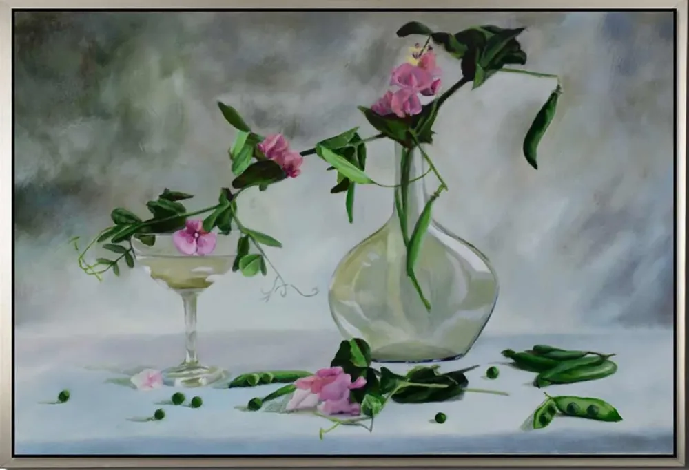 Stillleben mit Wicken und Glasvase – handgemaltes Ölbild auf Leinwand, 75 x 50 cm