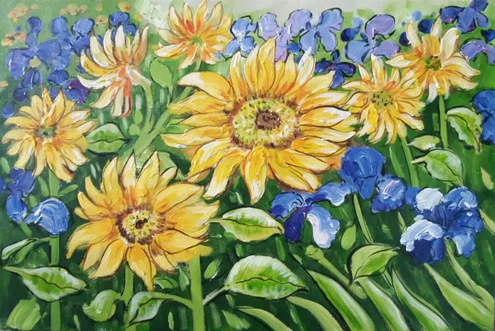 Sonnenblumen und Iris – handgemaltes Ölbild auf Leinwand, 75 x 50 cm