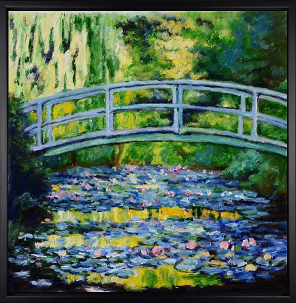Brücke über Seerosenteich – handgemaltes Ölbild auf Leinwand, 60 x 60 cm