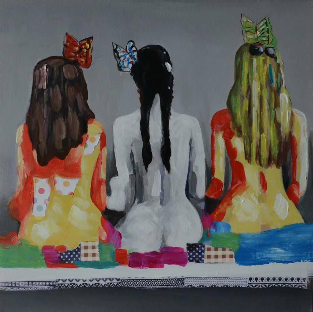 Drei Frauen in Rückenansicht – handgemaltes Ölbild auf Leinwand, 60 x 60 cm