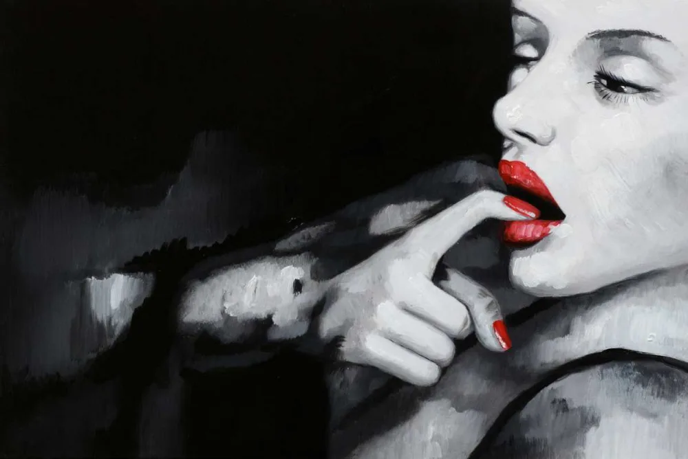 Schwarz-Weiss-Porträt mit roten Lippen – handgemaltes Ölbild auf Leinwand, 75 x 50 cm