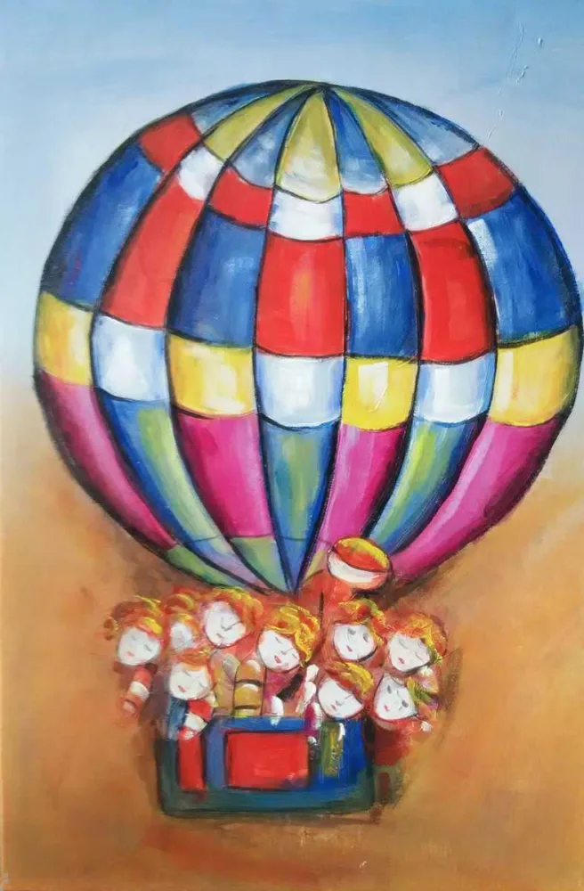 Bunter Heissluftballon – handgemaltes Ölbild auf Leinwand, 50 x 75 cm