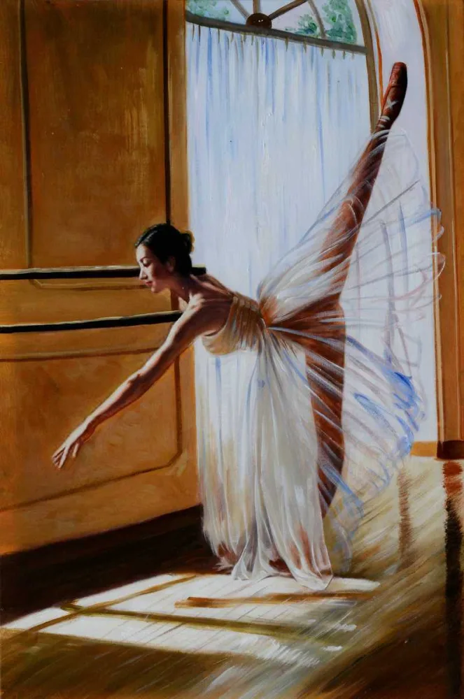 Ballerina am Fenster – handgemaltes Ölbild auf Leinwand, 50 x 75 cm