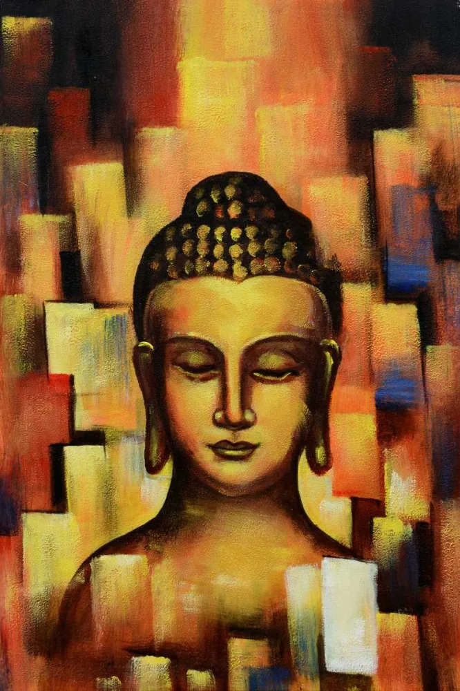 Buddha vor goldenem Hintergrund – handgemaltes Ölbild auf Leinwand, 50 x 75 cm