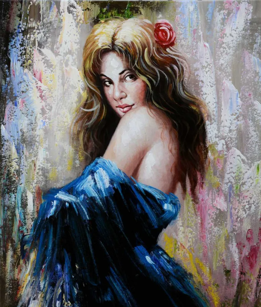 Frau mit Rose im Haar – handgemaltes Ölbild auf Leinwand, 60 x 70 cm