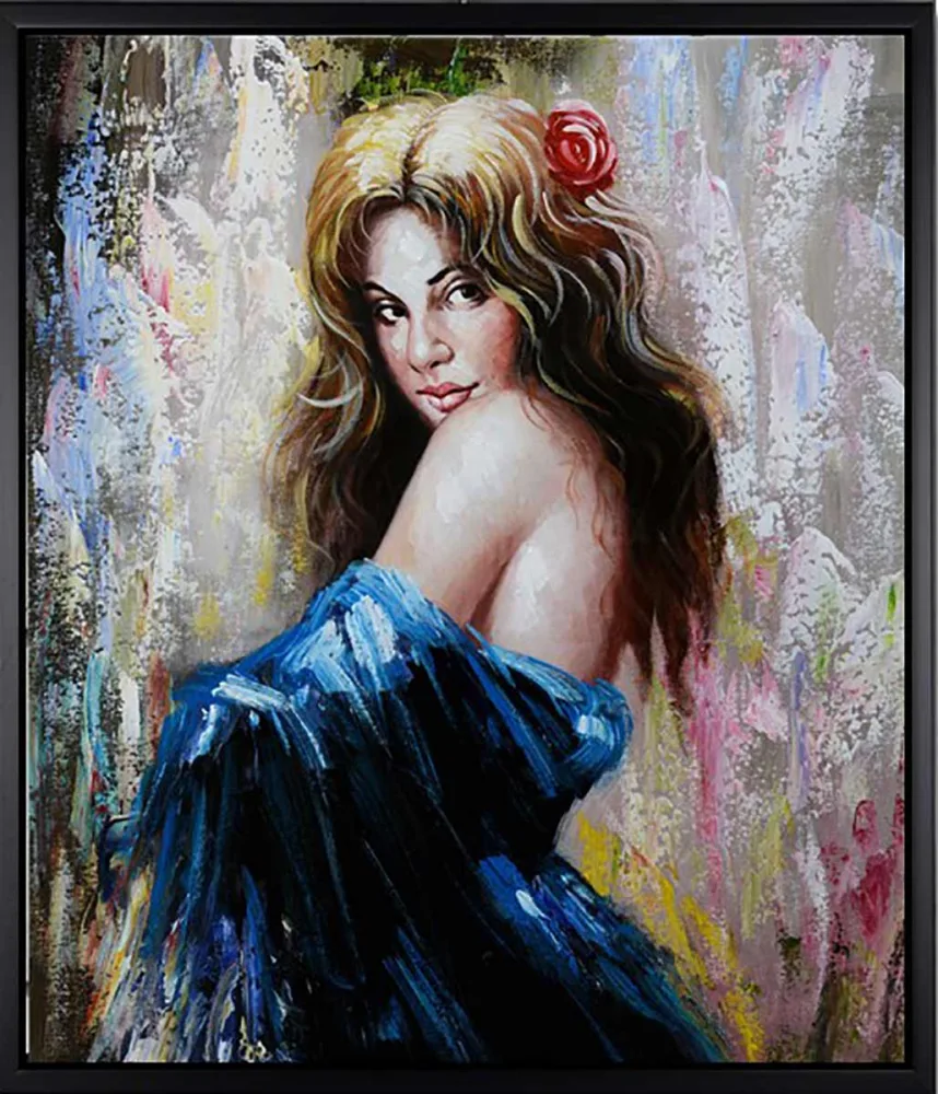 Frau mit Rose im Haar – handgemaltes Ölbild auf Leinwand, 60 x 70 cm