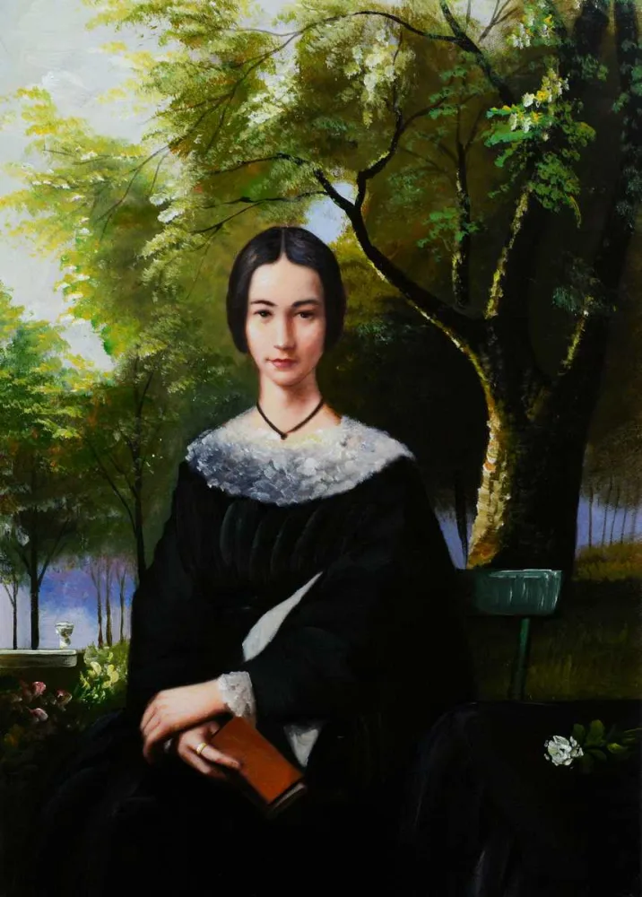 Frau im Garten – handgemaltes Ölbild auf Leinwand, 50 x 70 cm