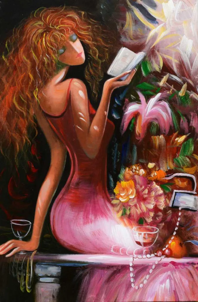 Frau beim Lesen – handgemaltes Ölbild auf Leinwand, 50 x 75 cm