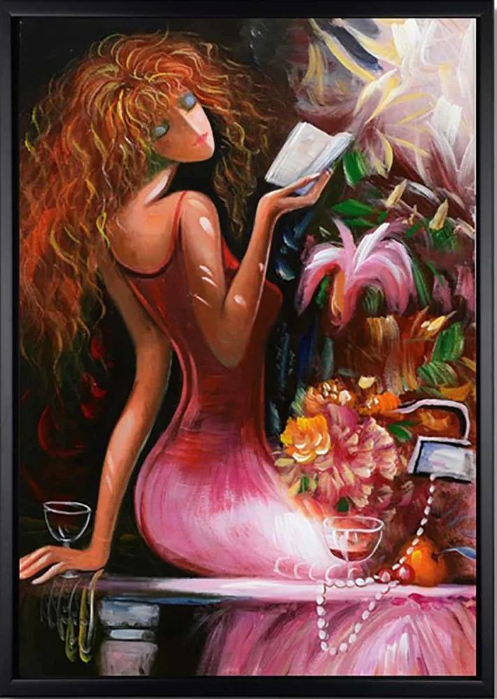Frau beim Lesen – handgemaltes Ölbild auf Leinwand, 50 x 75 cm