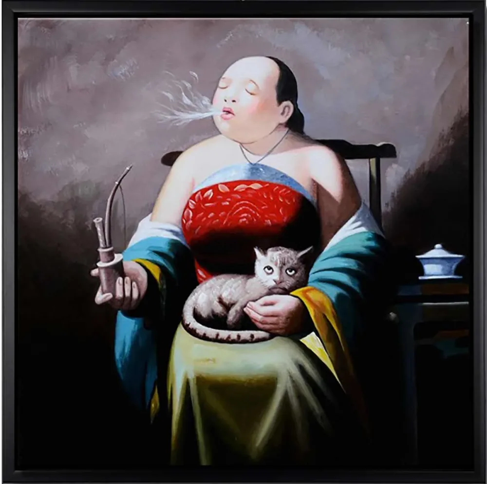 Dame mit Pfeife und Katze – handgemaltes Ölbild auf Leinwand, 60 x 60 cm