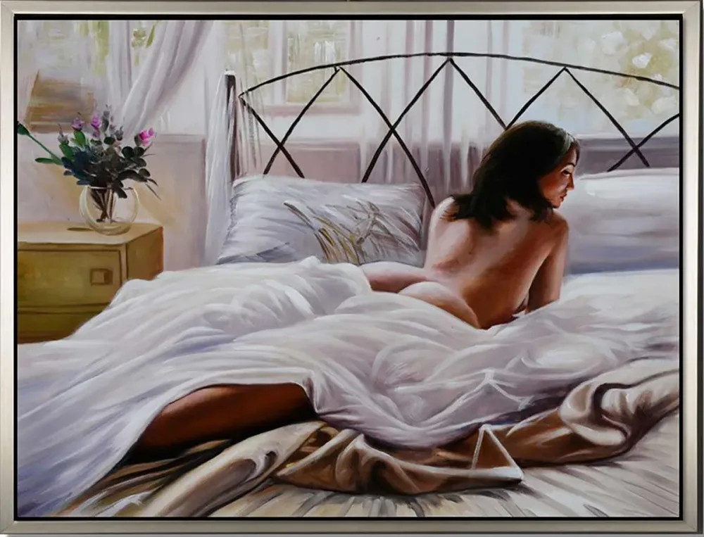Liegende Frau im Schlafzimmer – handgemaltes Ölbild auf Leinwand, 80 x 60 cm