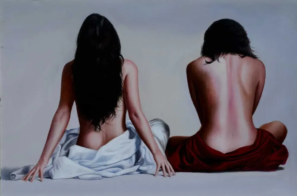 Zwei Frauen in Rückenansicht – handgemaltes Ölbild auf Leinwand, 90 x 60 cm