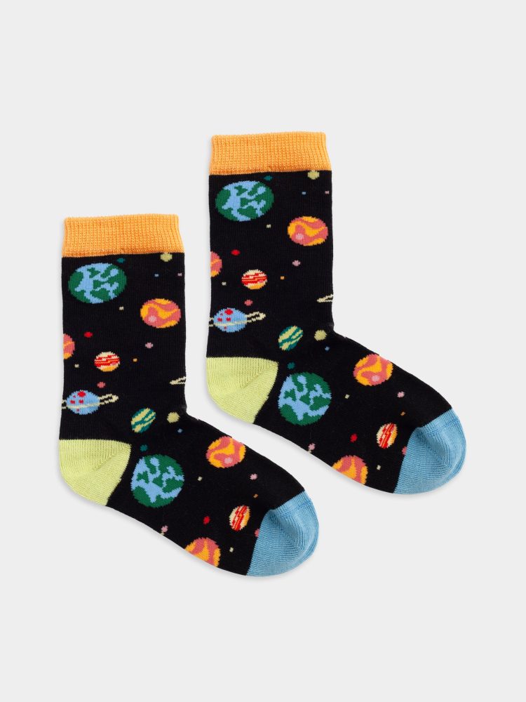 - Kindersocken Lil Outer Space Bunte Lustige Socken | Weltraum Planeten Geschenk Bio-Baumwolle | 0-12M Schwarz