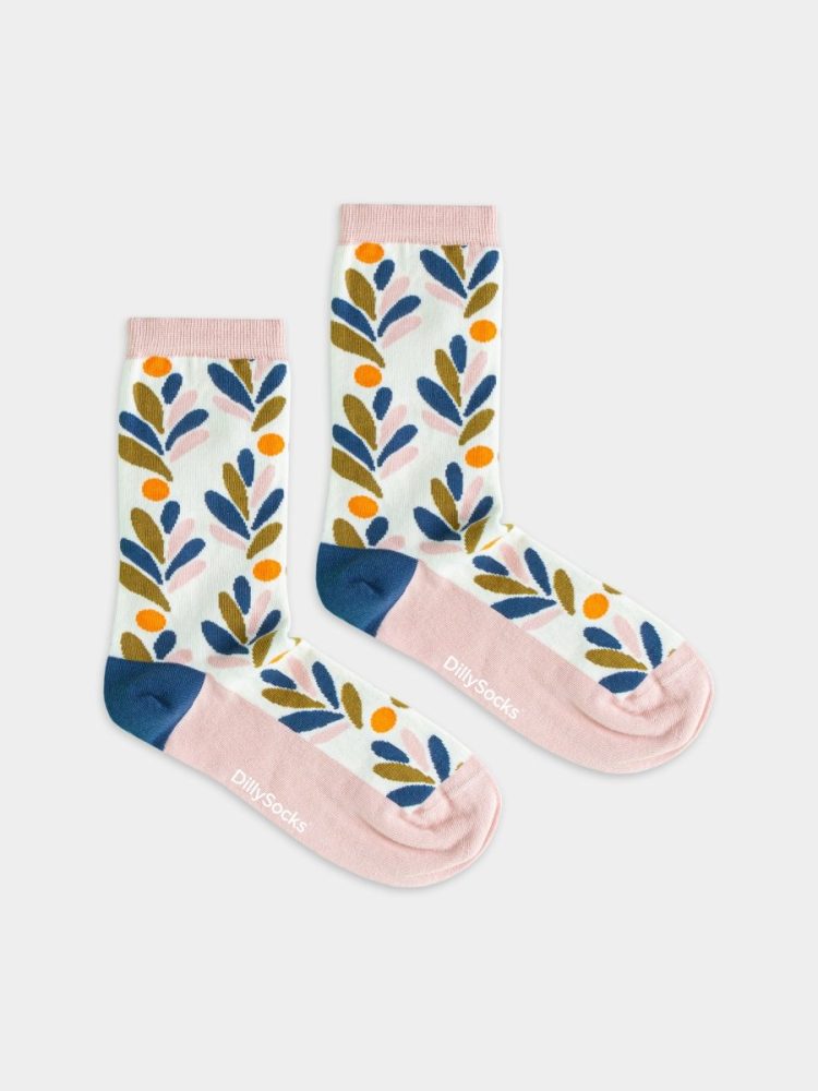 - Damensocken in Weiss Beige mit Pflanze Blumen Motiv/Muster