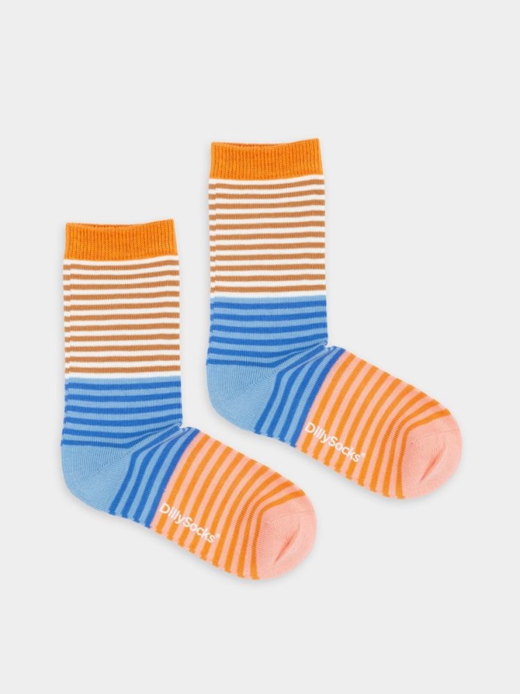 - Kindersocken Lil Beachy Stripes Bunte Lustige Socken | Streifen Muster Geschenk Bio-Baumwolle | 0-12M Beige Blau