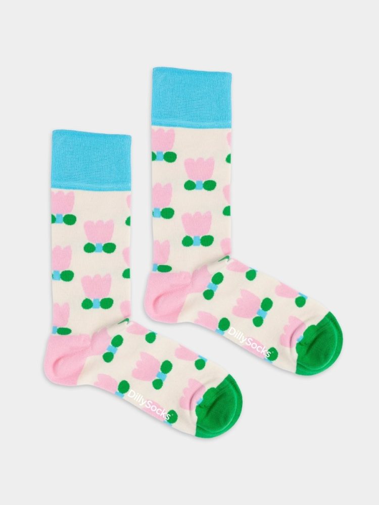 - Damensocken Tiny Tulips Bunte Lustige Socken | Blumen Natur Geschenk Bio-Baumwolle | 36-40 Weiss Pink