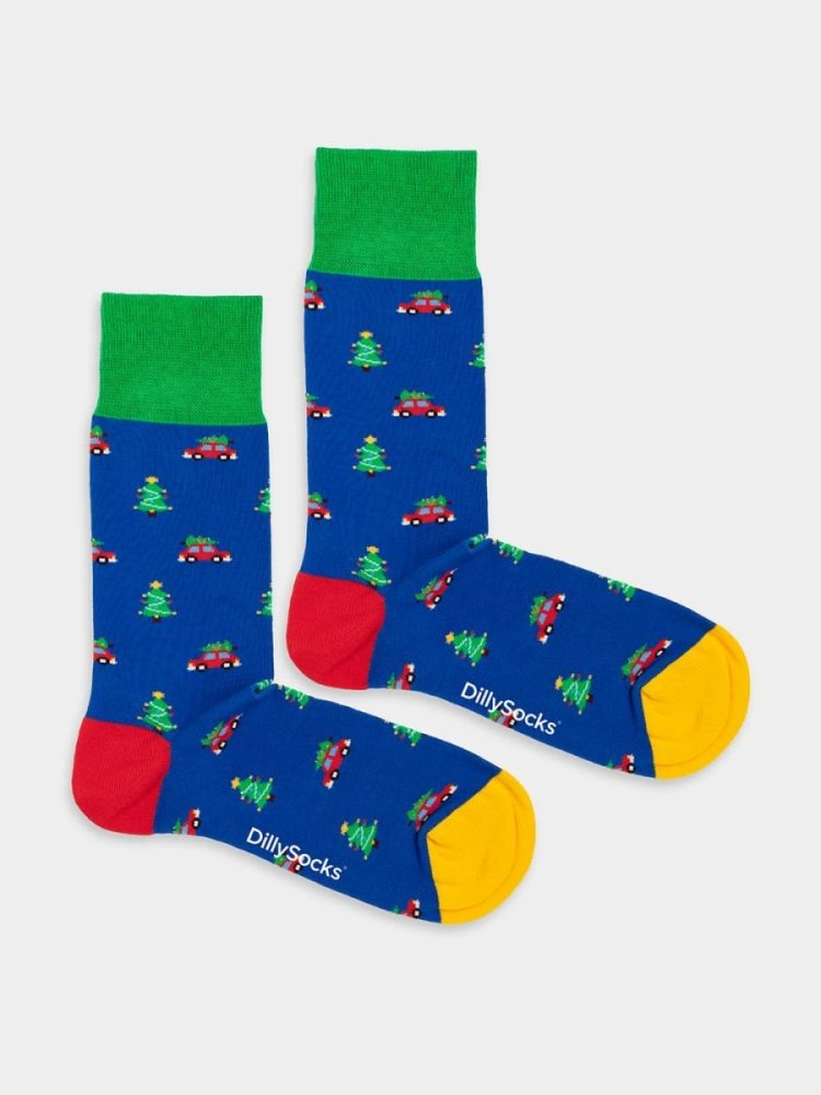 - Damensocken Tree Ride Bunte Lustige Socken | Weihnachtsmann Samichlaus Geschenk Bio-Baumwolle | 36-40 Blau Mehrfarbig