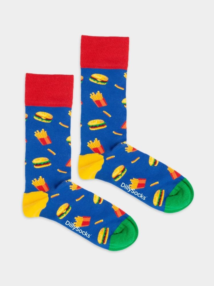 - Damensocken Burger n' Fries Bunte Lustige Socken | Burger Pommes Geschenk Bio-Baumwolle | 36-40 Blau Mehrfarbig