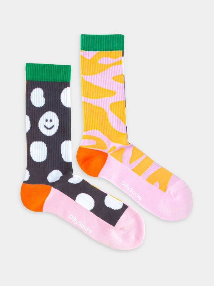 - Socken in Schwarz Orange Rosa mit Punkte & StreifenMotiv/Muster