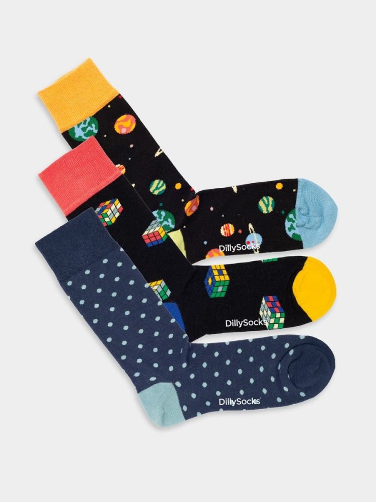- Damensocken Galactic Cubes (3er Pack) Bunte Lustige Socken | Geometrisch Galaktisch Geschenk Bio-Baumwolle | 36-40 Mehrfarbig