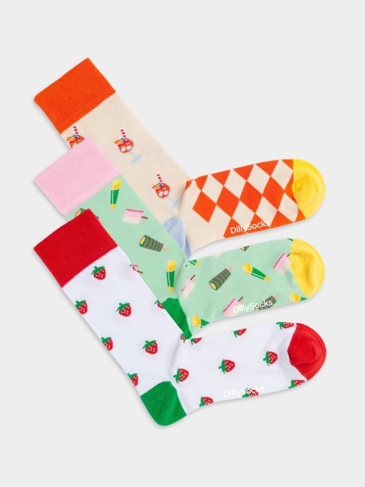 - Damensocken Summer Snacks (3er Pack) Bunte Lustige Socken | Erdbeere Cocktail Geschenk Bio-Baumwolle | 36-40 Mehrfarbig