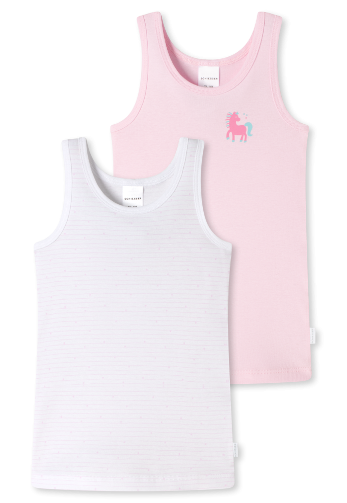 Schiesser Unterhemd Feinripp 2er-Pack Weiss/Rosa gestreift - Feinripp Multipacks für Mädchen, Größe 4Y, 100 % Baumwolle