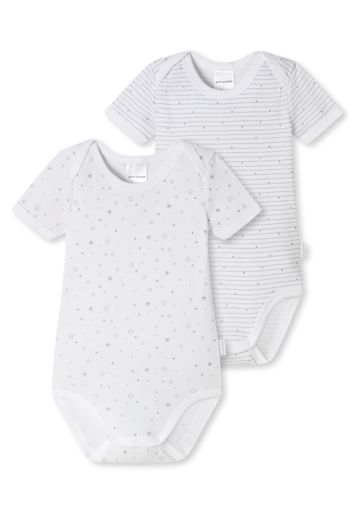 Schiesser Body kurzarm Feinripp 2er-Pack Weiss/Grau gemustert - Original Classics, Größe 9M, 100 % Baumwolle