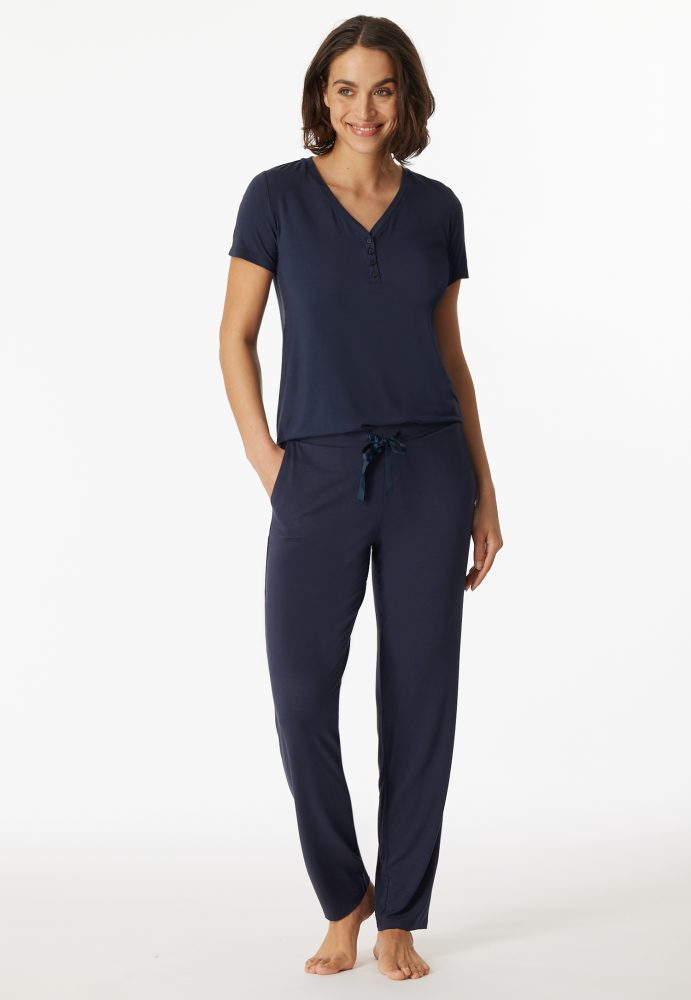 Schiesser T-Shirt V-Ausschnitt mit Knopfleiste Dunkelblau - Mix+Relax für Damen, Größe S, 95 % Modal, 5 % Elasthan