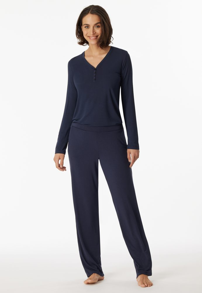 Schiesser Shirt V-Ausschnitt mit Knopfleiste Dunkelblau - Mix+Relax für Damen, Größe 3XL, 95 % Modal, 5 % Elasthan