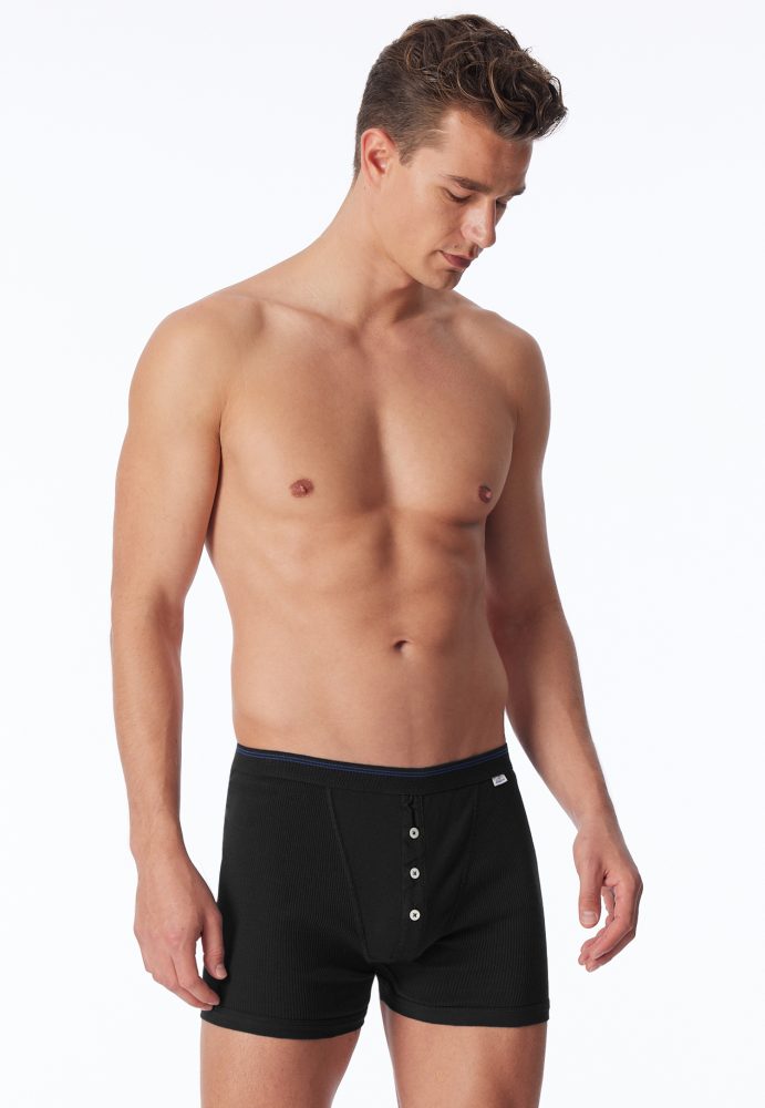 Schiesser Enge Boxershorts Feinripp mit Knopfleiste Schwarz - Revival Friedrich für Herren, Größe L, 100 % Baumwolle