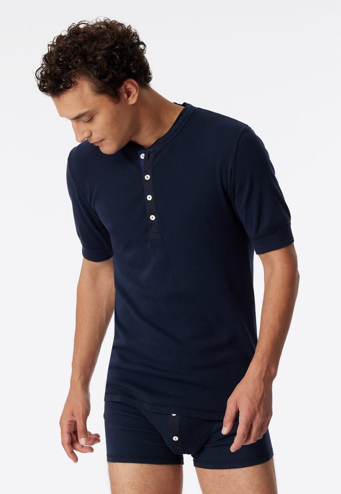 Schiesser Henley T-Shirt Dunkelblau - Revival Karl-Heinz für Herren, Größe L, 100 % Baumwolle
