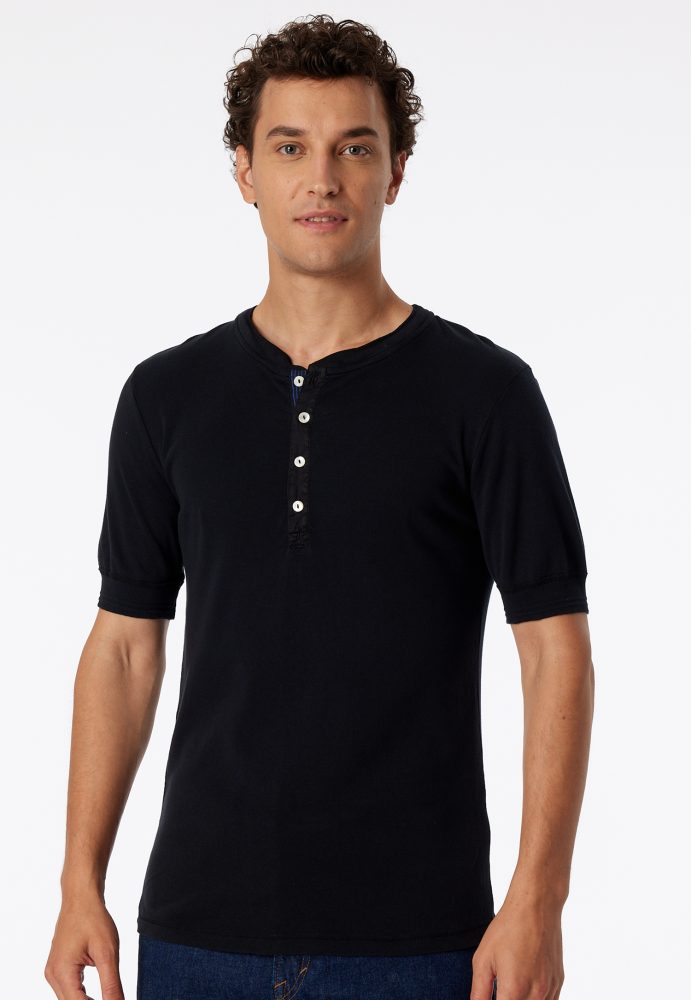 Schiesser Henley T-Shirt Schwarz - Revival Karl-Heinz für Herren, Größe L, 100 % Baumwolle