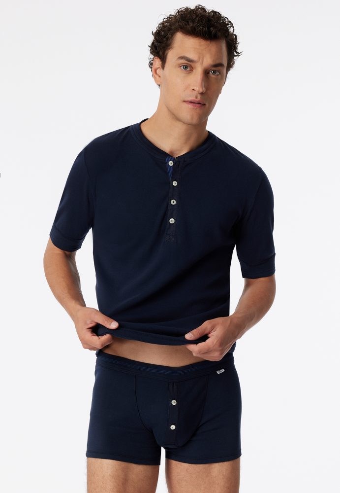 Schiesser Enge Boxershorts Feinripp mit Knopfleiste Dunkelblau - Revival Karl-Heinz für Herren, Größe M, 100 % Baumwolle