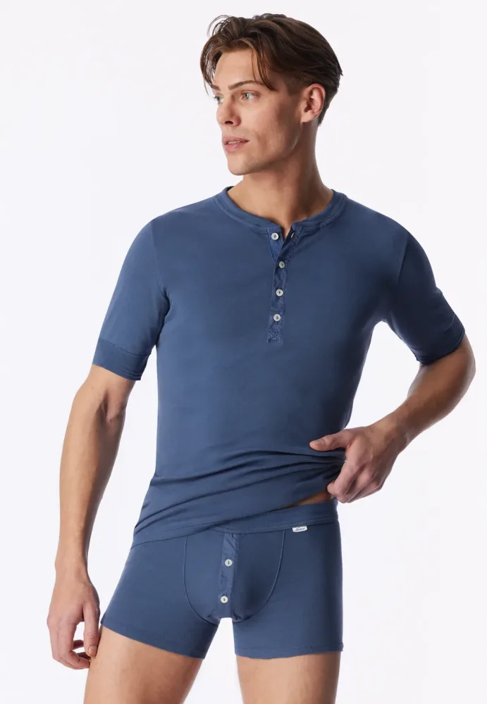 Schiesser Enge Boxershorts Feinripp mit Knopfleiste Blau - Revival Karl-Heinz für Herren, Größe L, 100 % Baumwolle