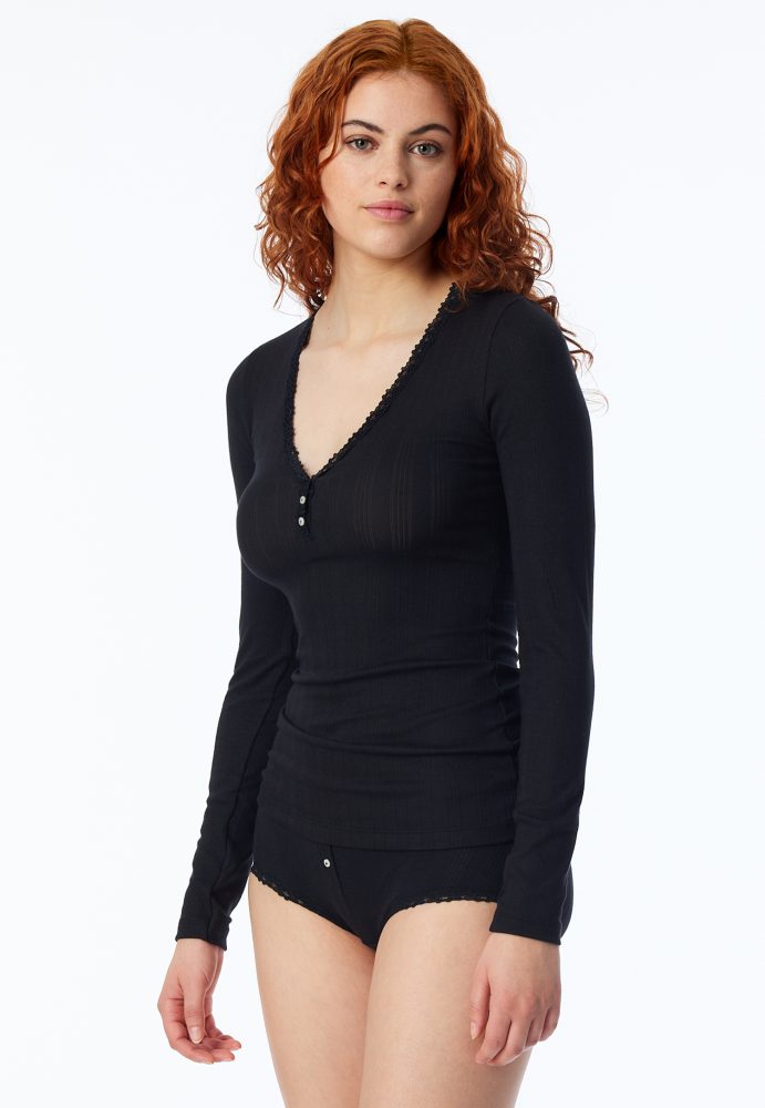 Schiesser Shirt  V-Ausschnitt mit Knopfleiste Schwarz - Revival Agathe für Damen, Größe S, 48 % Baumwolle, 48 % Modal, 4 % Elasthan