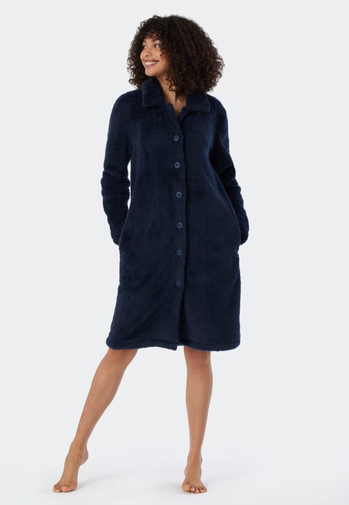 Schiesser Morgenmantel Teddy-Fleece Dunkelblau - Essentials für Damen, Größe 36/38, 100 % Polyester