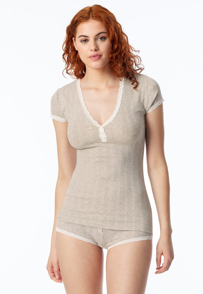 Schiesser T-Shirt V-Ausschnitt mit Knopfleiste Grau - Revival Agathe für Damen, Größe S, 98 % Baumwolle, 2 % Elasthan