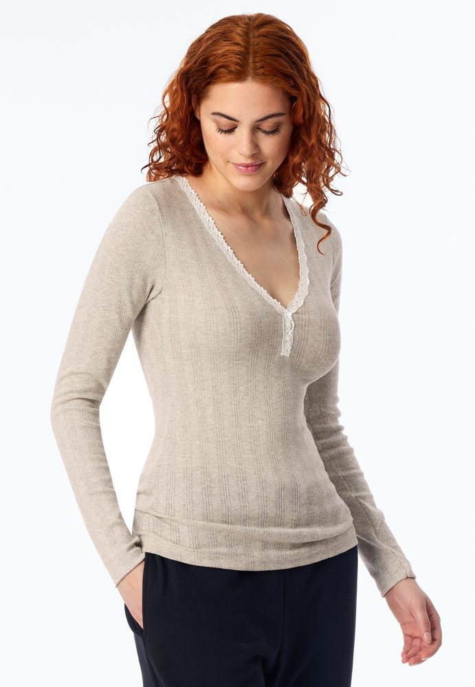 Schiesser Shirt V-Ausschnitt mit Knopfleiste Grau - Revival Agathe für Damen, Größe S, 98 % Baumwolle, 2 % Elasthan
