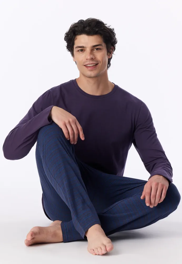 Schiesser Schlafanzug Blau/Lila gemustert - Casual Essentials für Herren, Größe L, 100 % Baumwolle