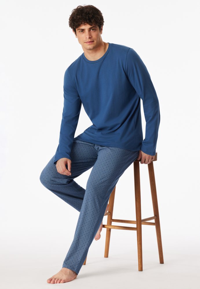 Schiesser Schlafanzug Blau gemustert - Casual Essentials für Herren, Größe M, 100 % Baumwolle