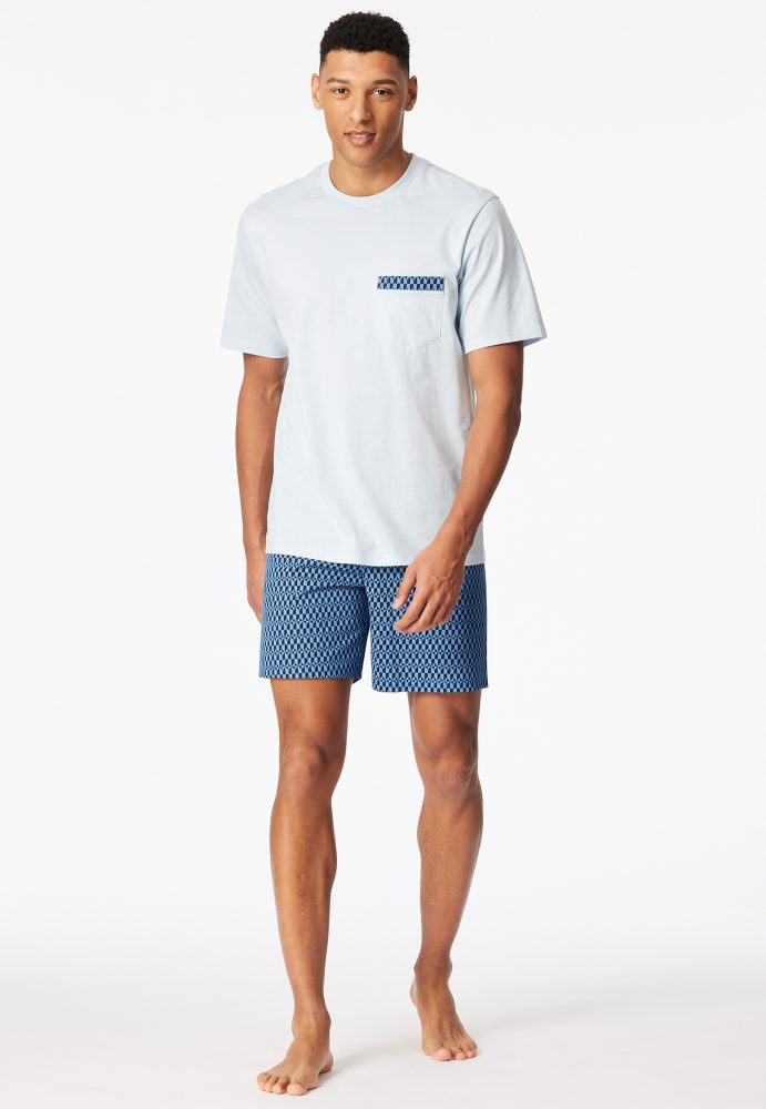 Schiesser Schlafanzug kurz Blau/Weiss gemustert - Comfort Nightwear für Herren, Größe XL, 100 % Baumwolle