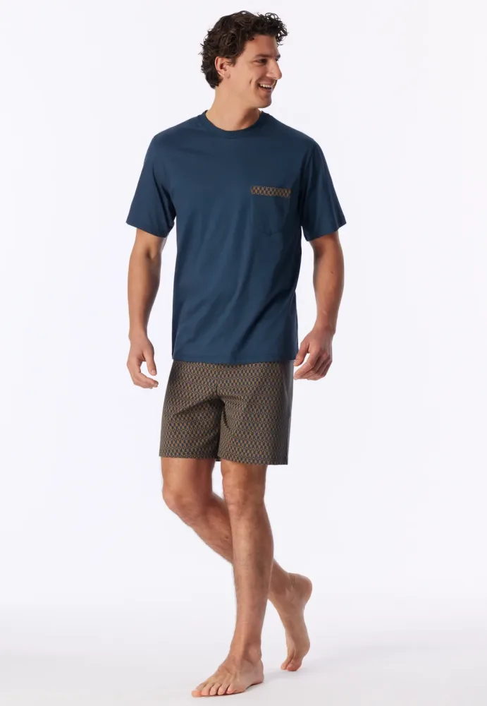 Schiesser Schlafanzug kurz Blau/Braun - Comfort Nightwear für Herren, Größe S, 100 % Baumwolle