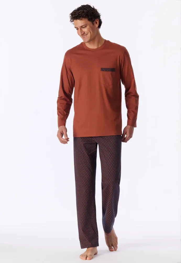 Schiesser Schlafanzug Orange/Blau gemustert - Comfort Nightwear für Herren, Größe 4XL, 100 % Baumwolle