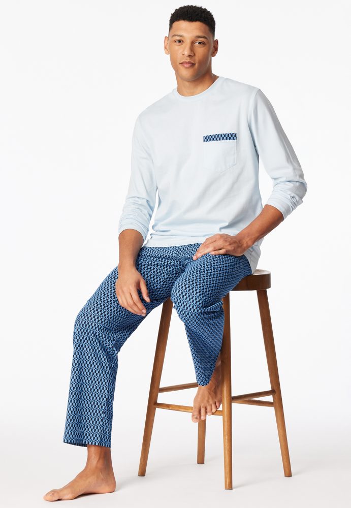Schiesser Schlafanzug Blau gemustert - Comfort Nightwear für Herren, Größe SXL, 100 % Baumwolle